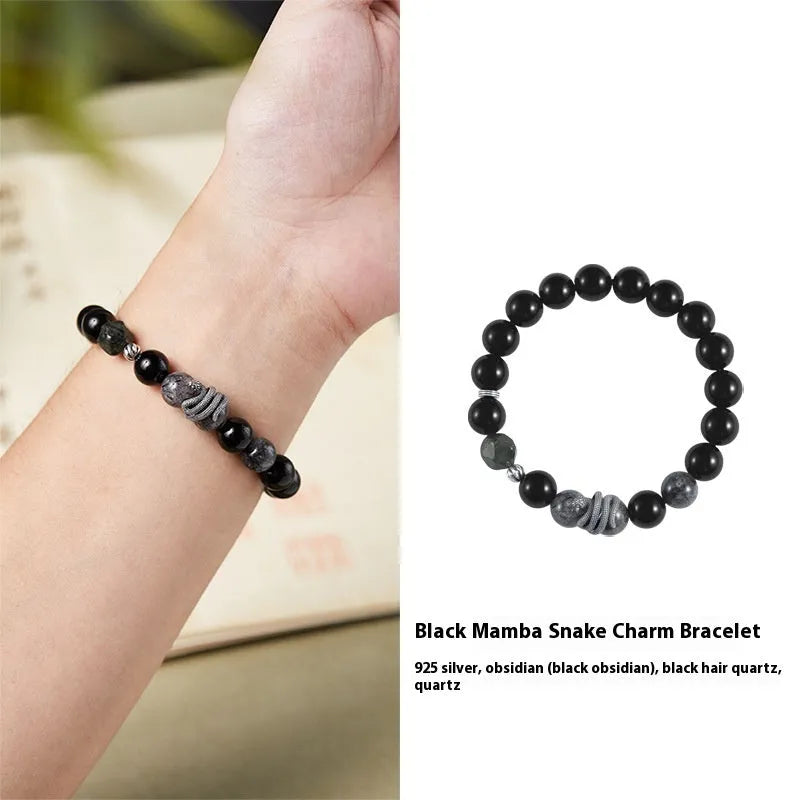 Men's black S925 sterling silver bracelet with 10mm obsidian stone and retro snake design