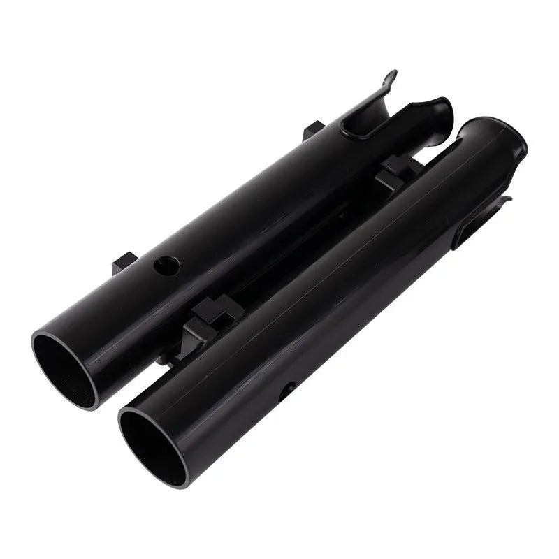 Carbon fibre fishing rod rack with double-layer plastic cradle mounted on bicycle handlebars