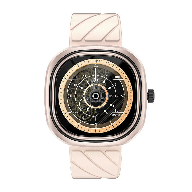 Square pink smartwatch with silicone band showing 1.32-inch screen with fitness tracking display
