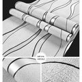 Close-up of dark brown curve stripe 3D textured wallpaper with deerskin velvet finish