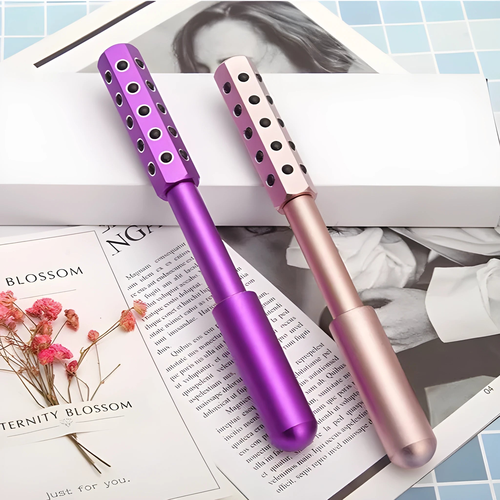 Germanium particles purple facial roller massage instrument, approximately 193mm long.