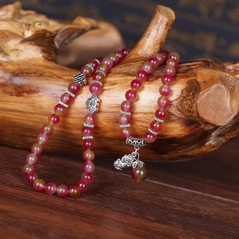 Handmade watermelon crystal bracelet with Chinese knot and geometric beads