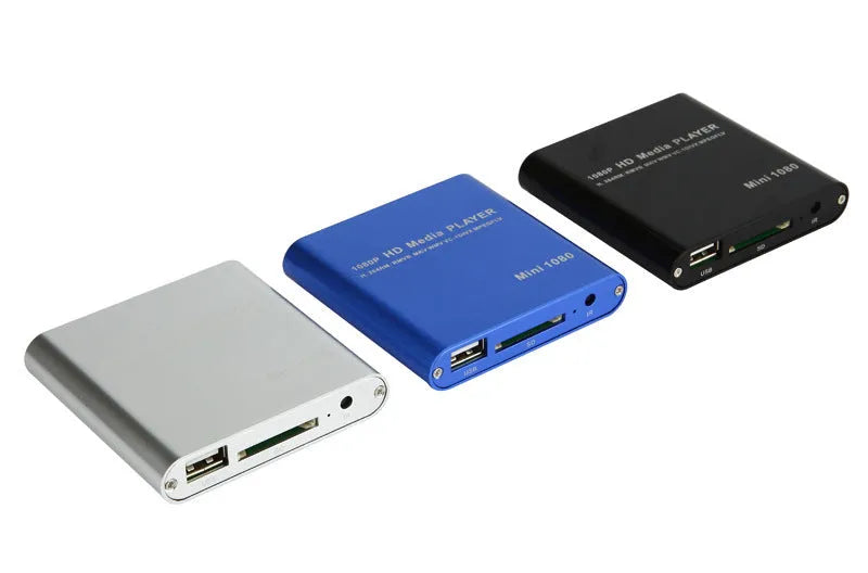 Compact blue media player with remote control showing HDMI port and storage slots