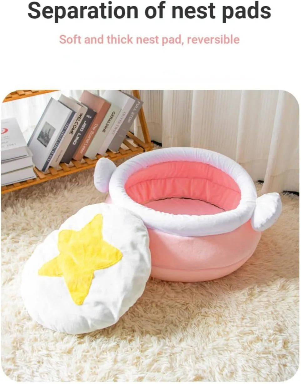 Honey pot shaped cat sofa bed with magic wand design in pink or yellow colour with removable nest pad