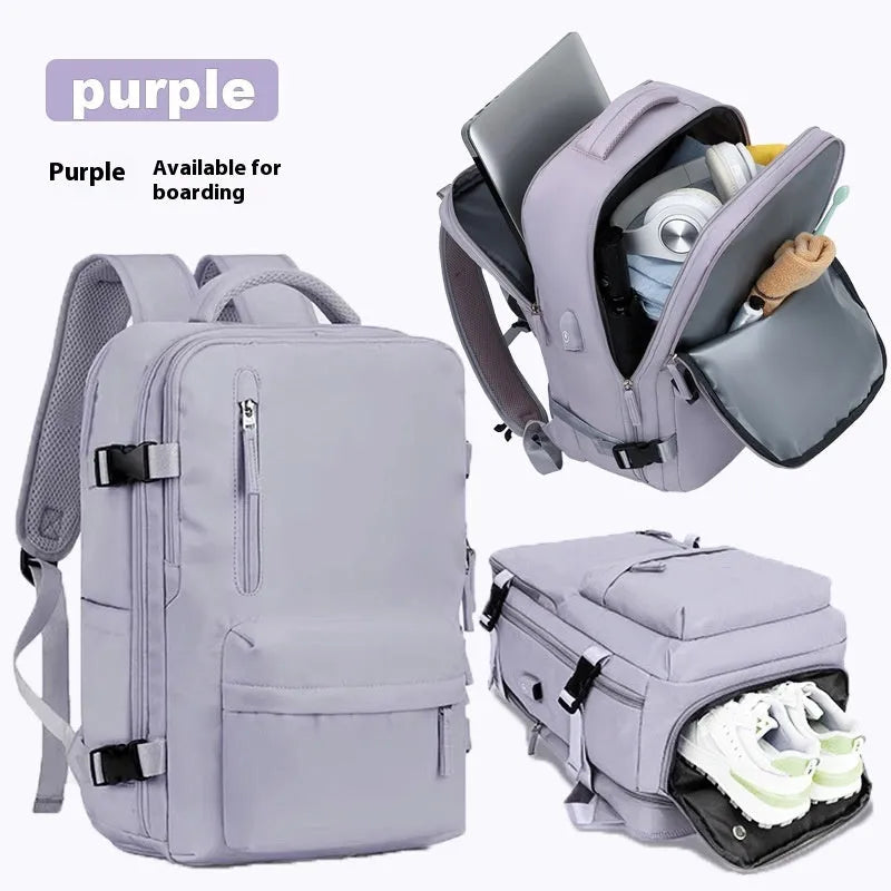 Large capacity women's travel backpack in light grey colour with curved shoulder straps