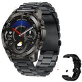 Black Bluetooth smartwatch with round AMOLED screen displaying time, on a silicone strap.