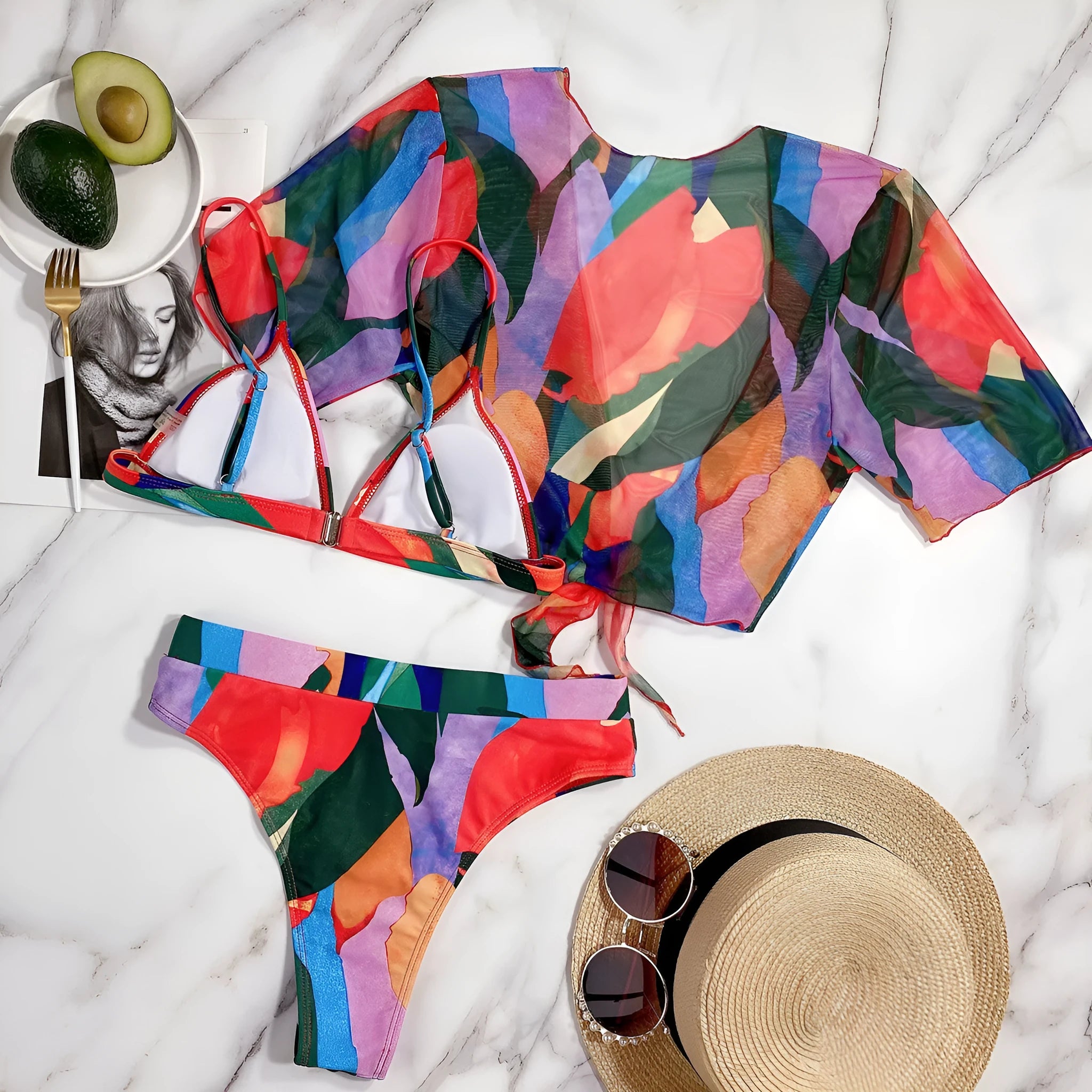 Red women's split swimsuit with skirt design and American print pattern for swimming