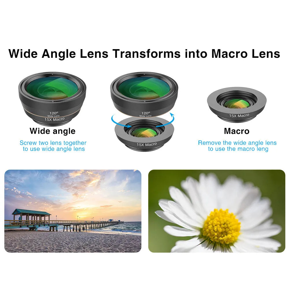 Black 6-in-1 smartphone camera lens kit with universal clip attachment showing fisheye, macro, wide-angle and telephoto lenses