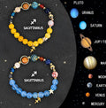 Natural stone zodiac beaded bracelets showing two bracelets with round gemstone beads on elastic cord