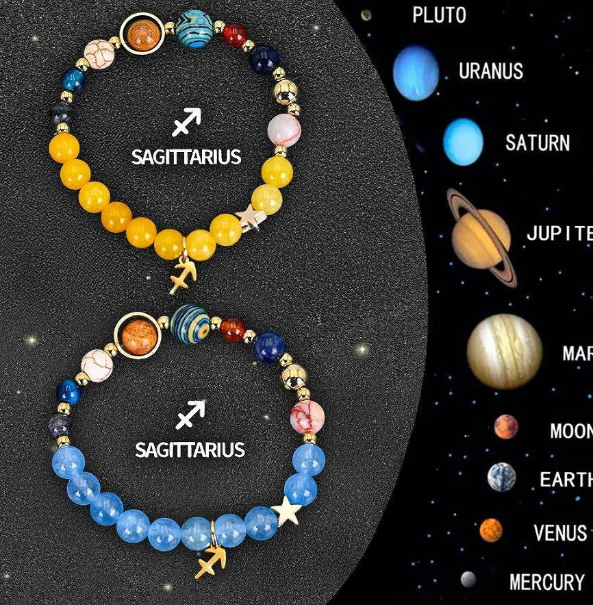 Natural stone zodiac beaded bracelets showing two bracelets with round gemstone beads on elastic cord