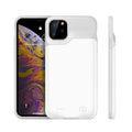 Shockproof silicone battery charger case for iPhone in black, blue, pink, or white, showing phone model compatibility.