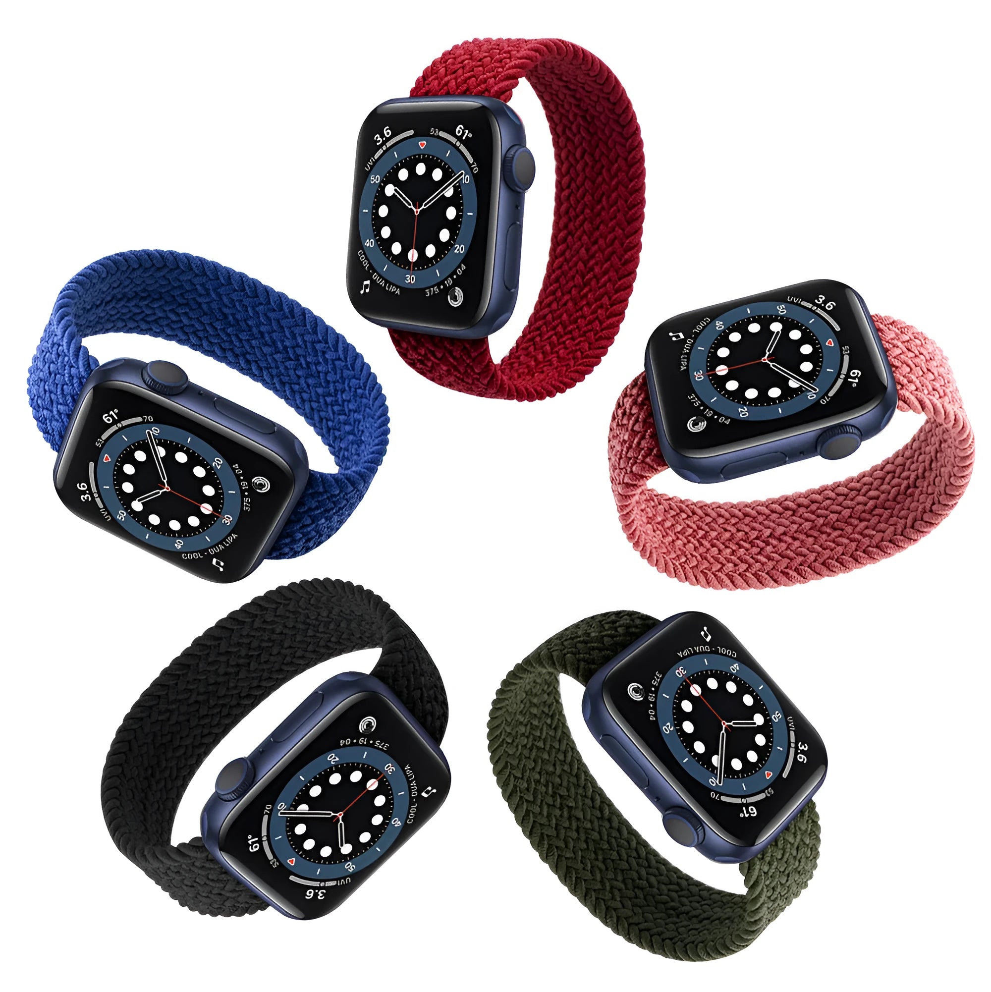 Nylon Apple Watch strap in army green showing elastic woven texture and plastic head