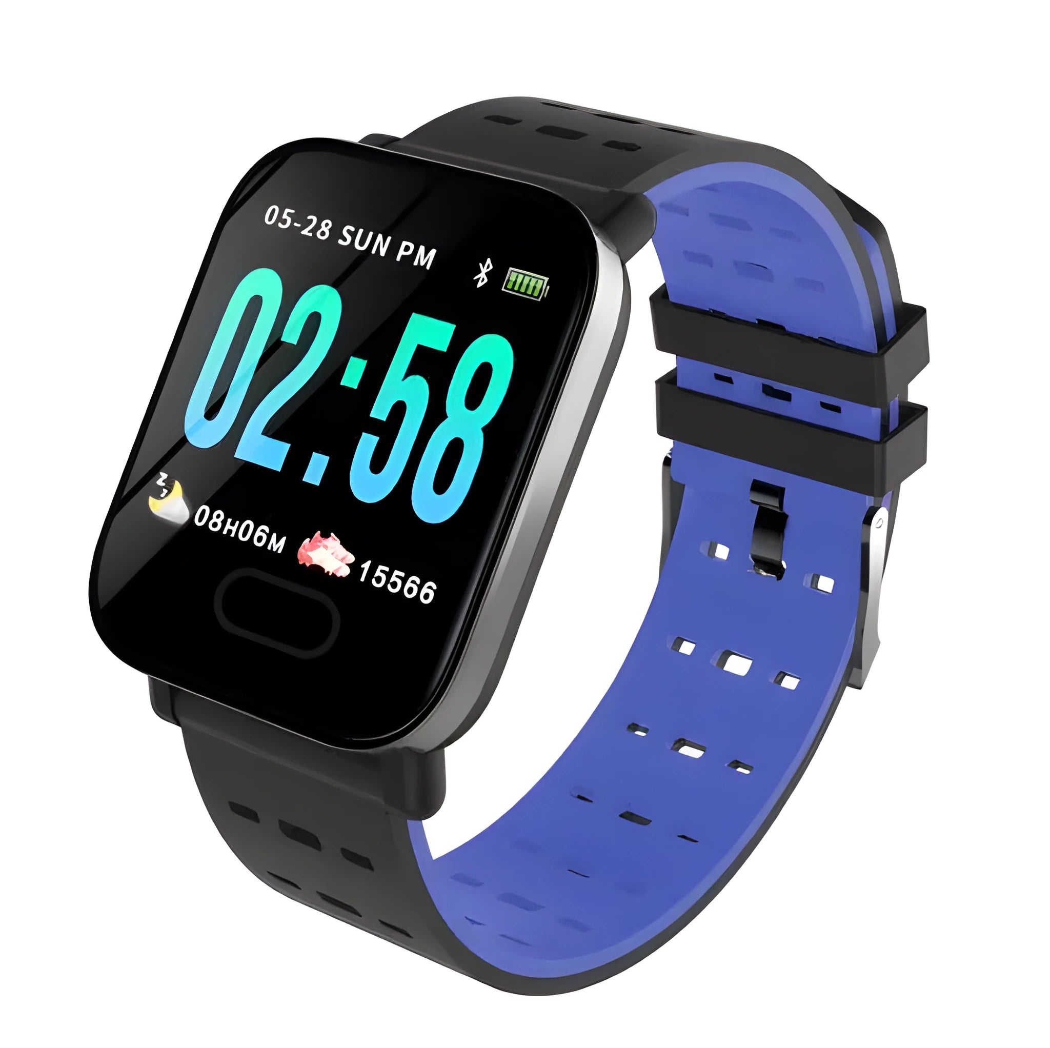 A6 smart bracelet with colour screen and silicone strap in black, blue, or orange options
