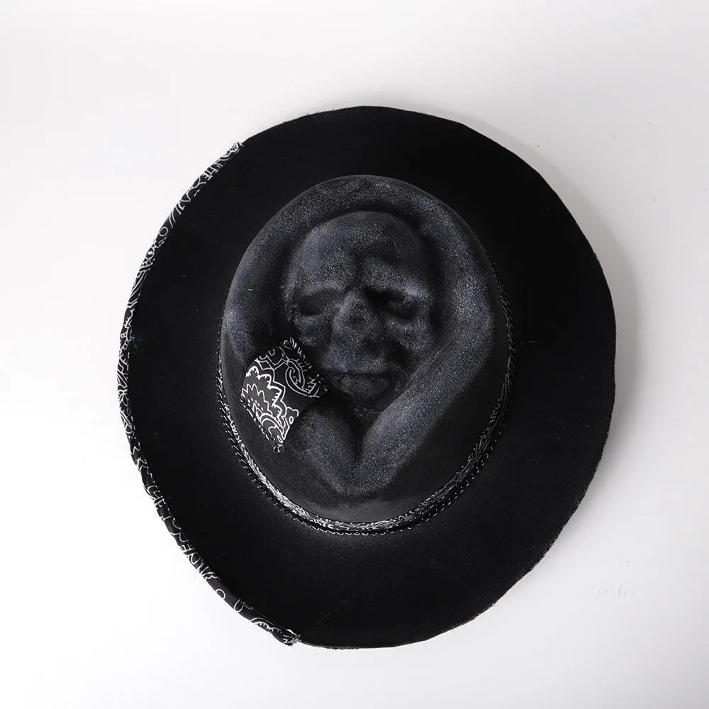 Handmade conical skull hat made from wool felt denim fabric