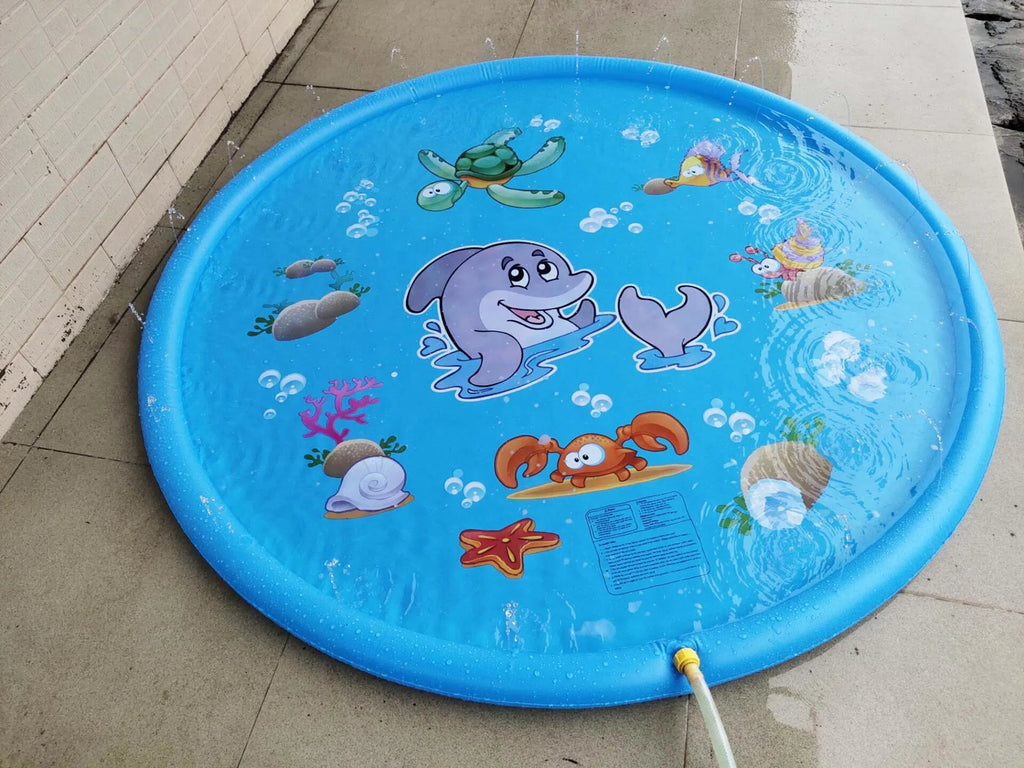 Blue PVC water spray play mat with marine animal graphics measuring 100cm by 170cm for children's outdoor water games