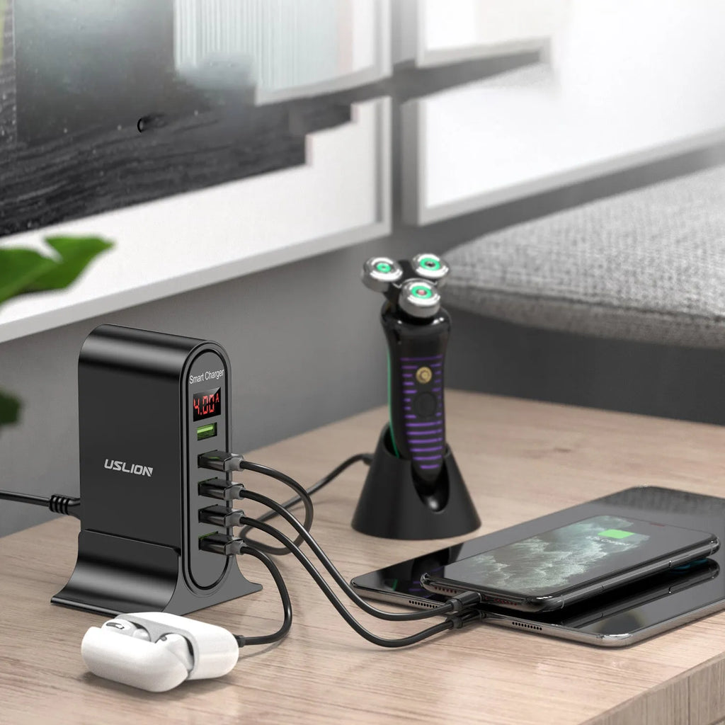 Black and white smart USB wall charger with LED digital display and UK, US, EU plug adapters