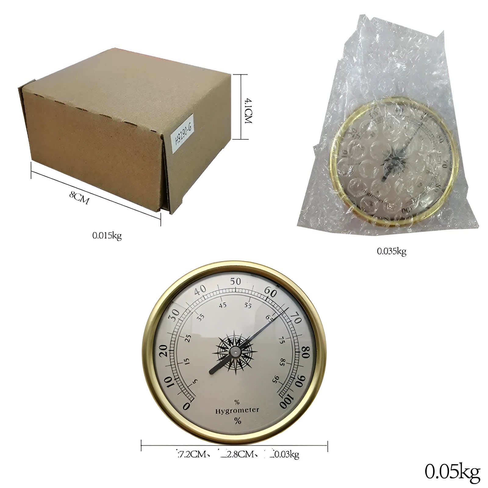 Aluminium analog thermometer and hygrometer with circular dial for humidity percentage reading