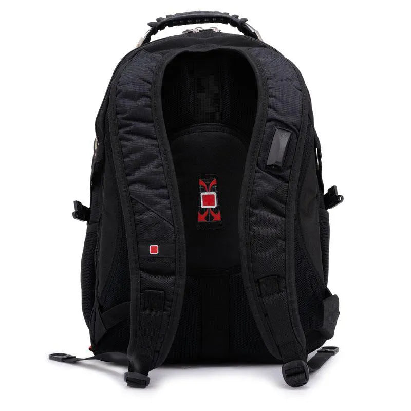Black business computer backpack with multiple compartments open, showing laptop sleeve and organiser pockets.