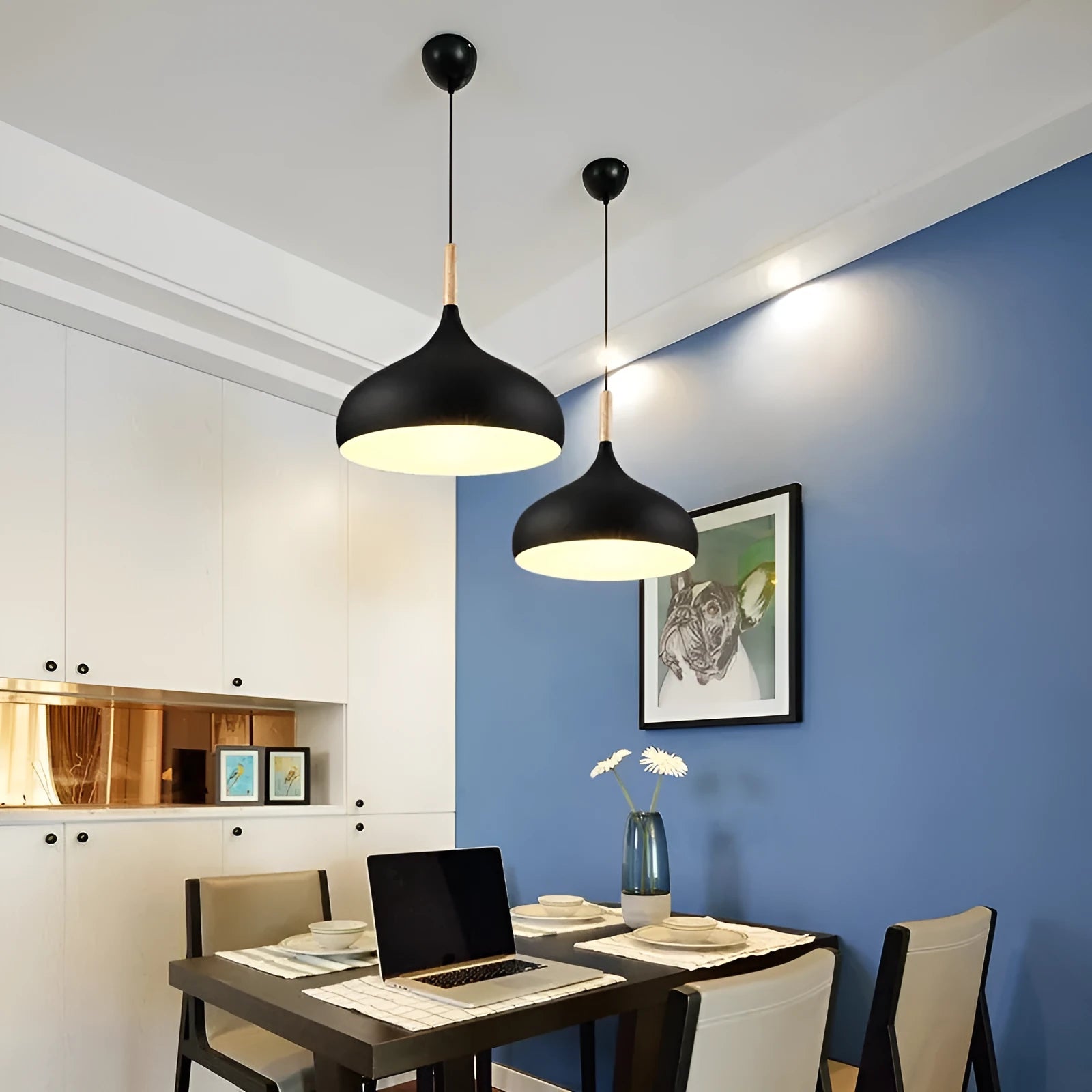 Modern zinc alloy pendant chandelier with adjustable height in black blue green grey pink yellow colour options