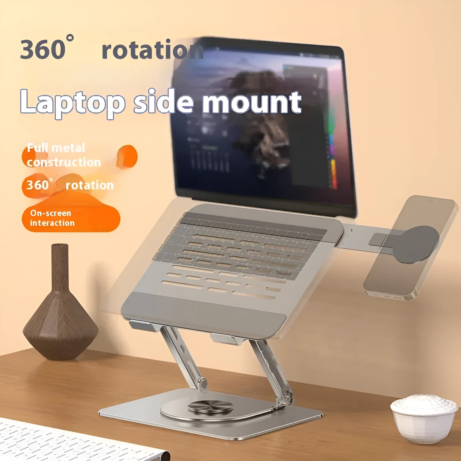 Silver carbon steel laptop stand with rotating magnetic phone holder for 17-inch laptops