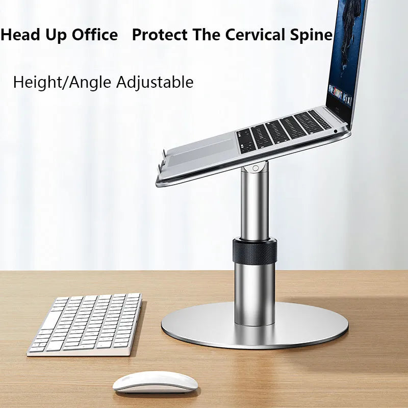 Silver adjustable car laptop stand with rotating base extended on a car seat.