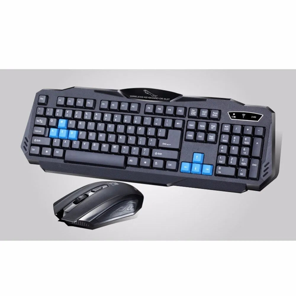 Wireless black keyboard and mouse combo with 2.4G USB receiver on desk
