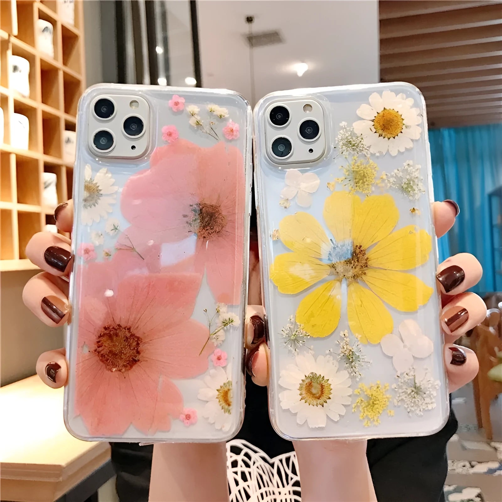Floral TPU phone case with large pink or yellow flower designs for iPhone models