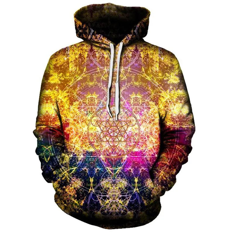 Psychedelic Pineal Metatron hoodie in polyester with Metatron Cube graphic on a plain background.