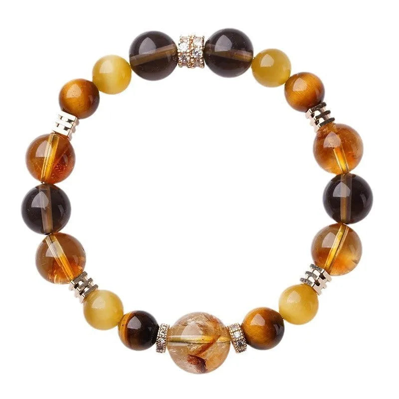 Tiger-eye crystal bracelet with Jinba symbol and geometric tower design in natural yellow