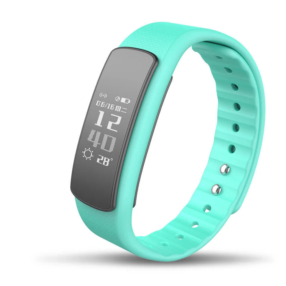 I6 smart sports bracelet with 0.96-inch touch screen on wrist showing fitness metrics
