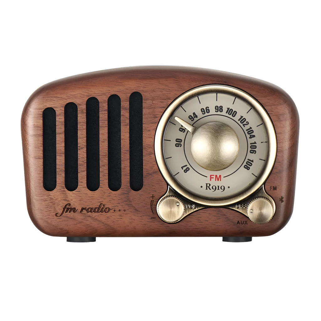 Retro wooden wireless mini speaker showing wood grain texture and compact size