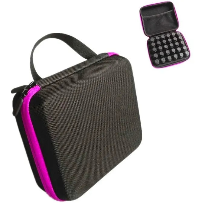 Red EVA essential oil storage bag with 30 compartments for 15ml bottles, shown wall-mounted.