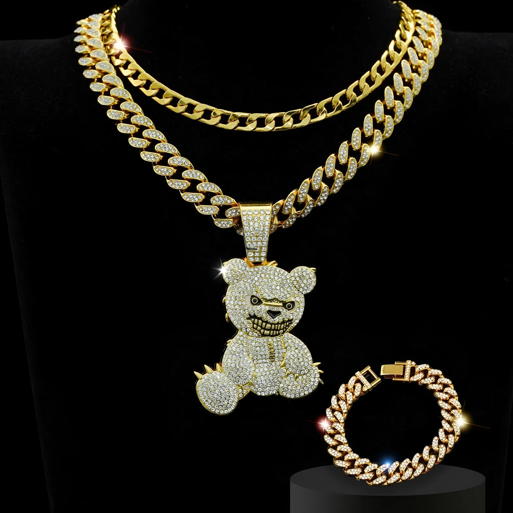 Gold three-piece jewellery set with rhinestone bear pendants on Cuban link chain necklaces and bracelet