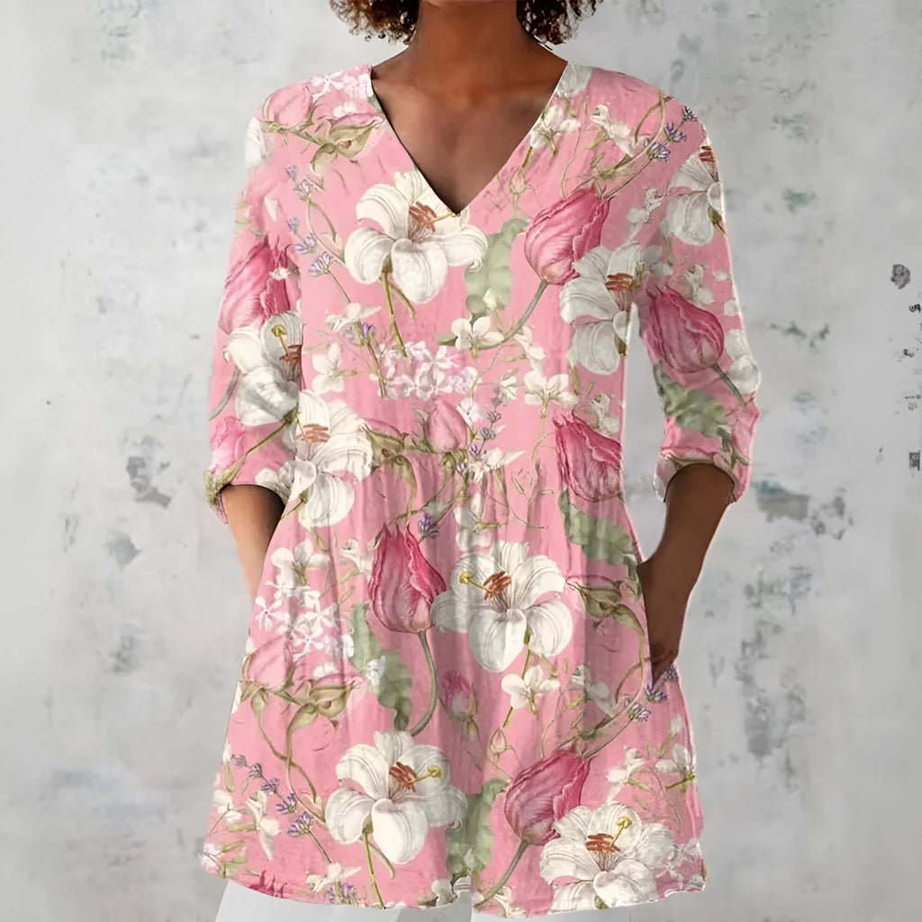 Women's retro slim fit printed long-sleeved top in polyester fabric showing digital print design