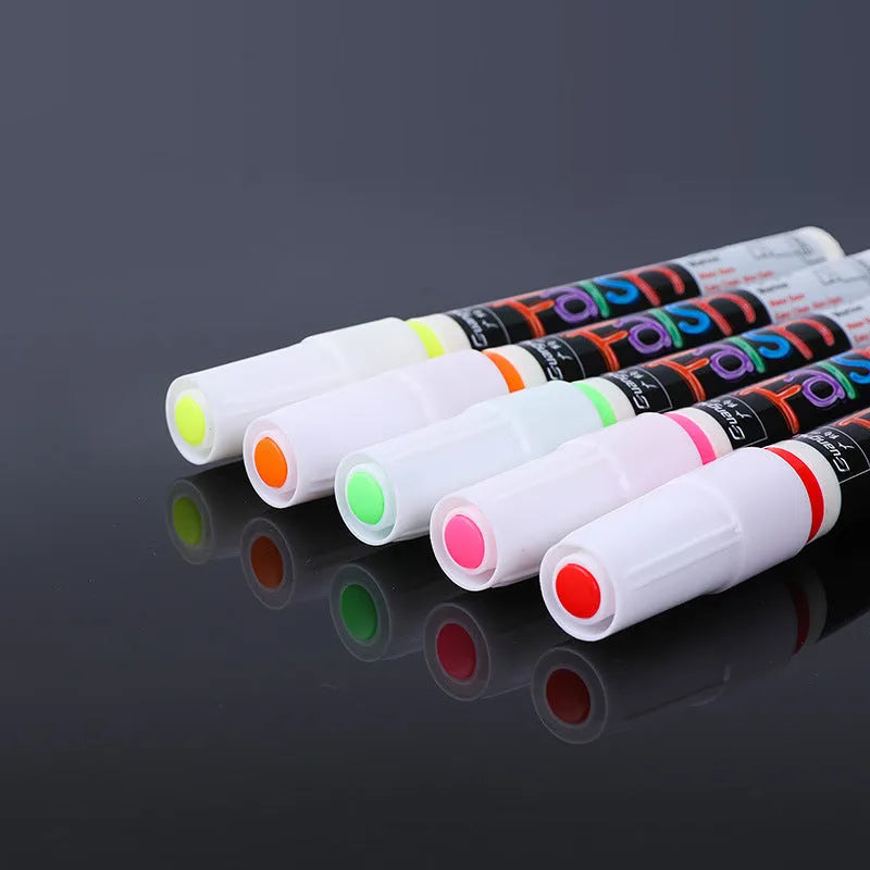Electronic fluorescent board highlighter pen with plastic shell and oblique 6mm tip, shown with 8-colour refill set.