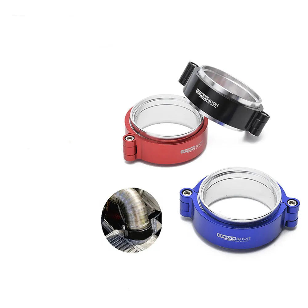 Aluminium fixed movement clamp for car turbine exhaust, available in black, blue, red.