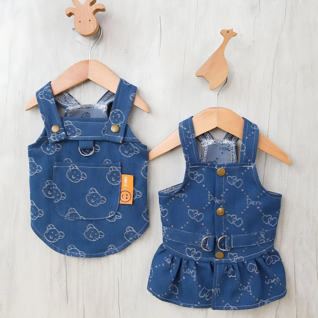 Small dog wearing a light blue denim princess dress with a bracket skirt, suitable for spring or autumn.