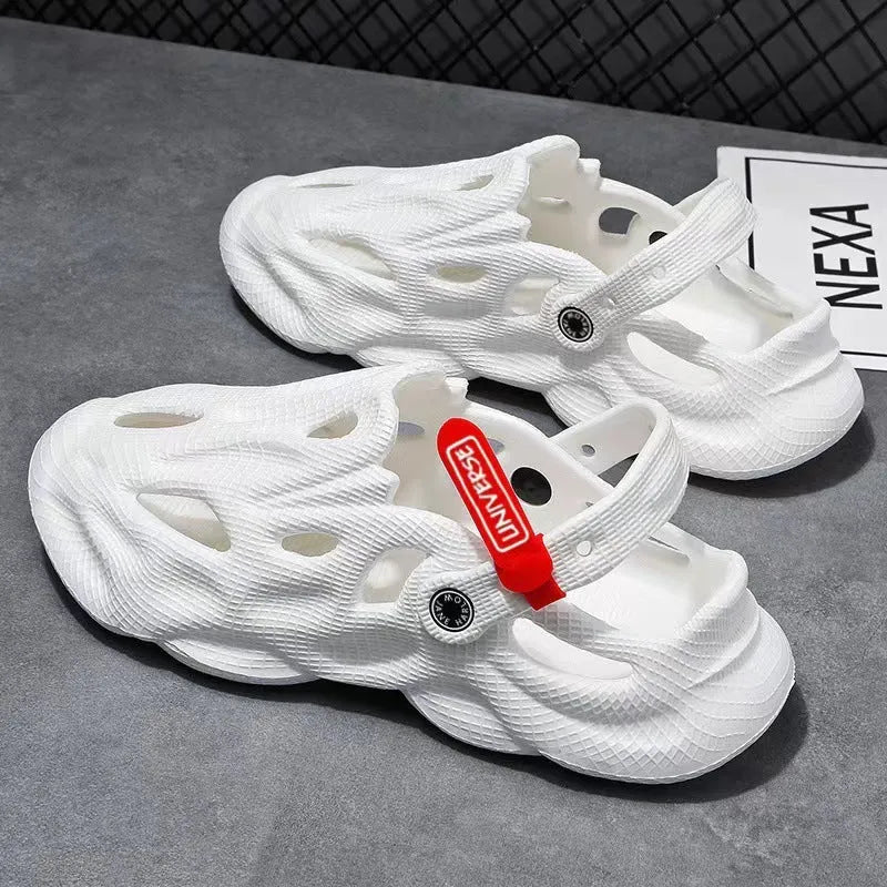 Solid colour EVA coconut slippers with closed toe, perforated upper, and thickened sole.