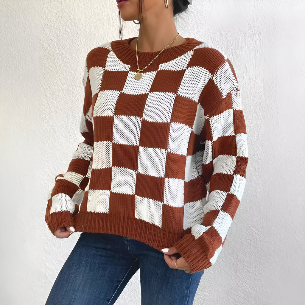Dark brown plaid pattern loose fit acrylic pullover sweater with round neck and long sleeves