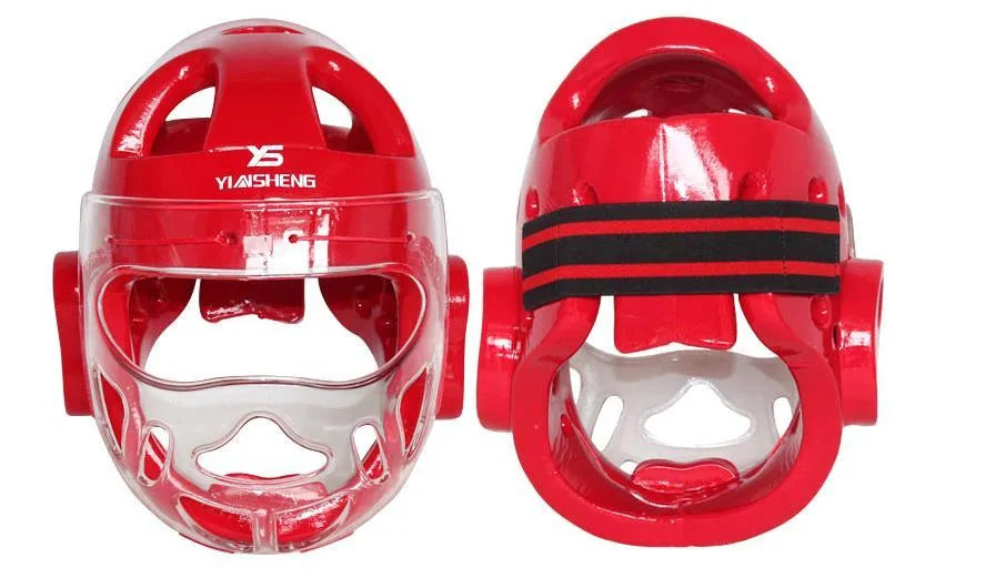 Karate training helmet for boxing head protection in blue colour with adjustable chin strap