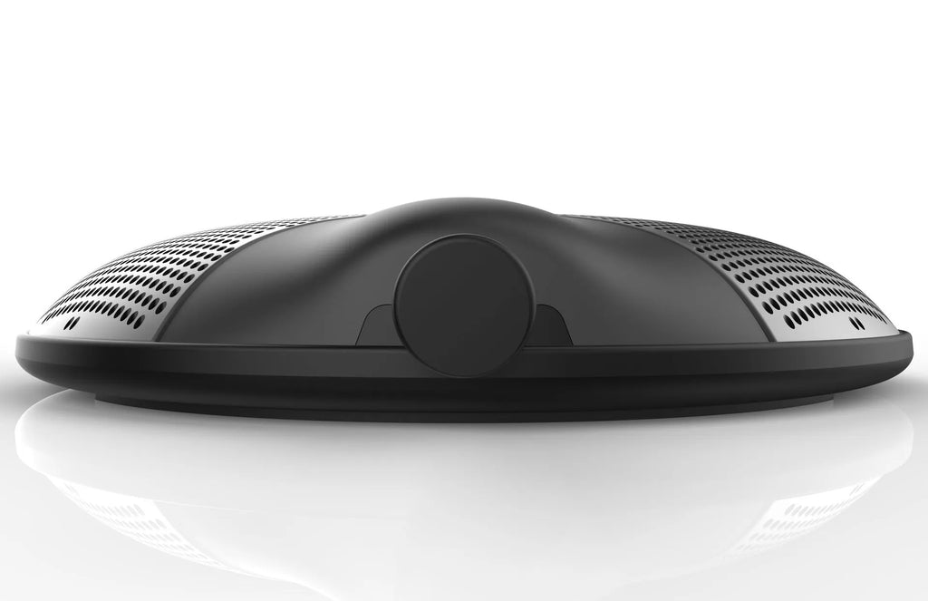 Black USB condenser microphone with compact square design for conference calls and gaming