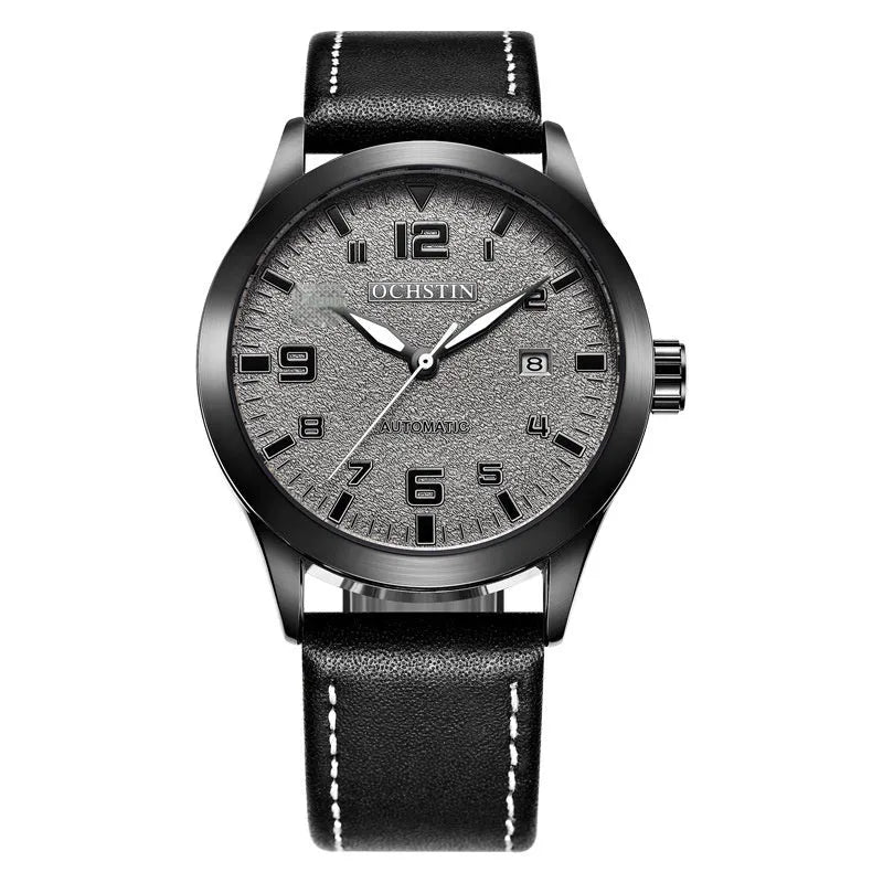 Men's retro automatic watch with leather strap and stainless steel case showing four dial colour variations