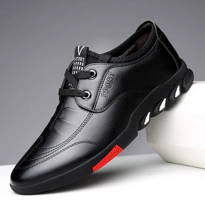 Men's black and brown PU leather shoes with flat heel for business casual wear