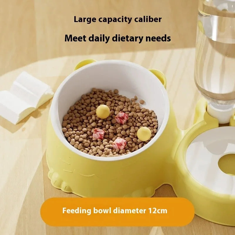 Double bowl automatic pet drinking fountain in haze blue colour with food and water compartments
