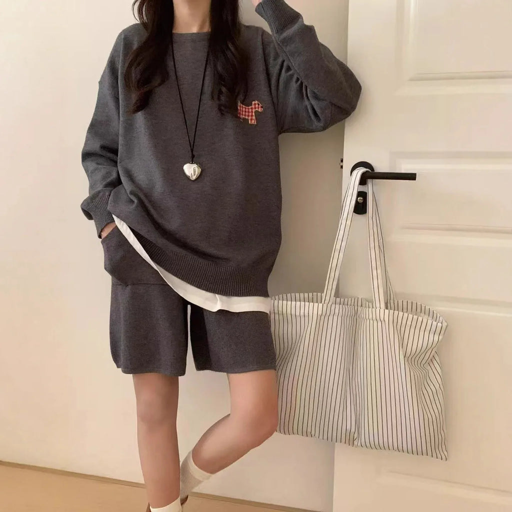 Women's casual knitted sweater and shorts suit in imitation cashmere, Japanese Korean style with embroidery.
