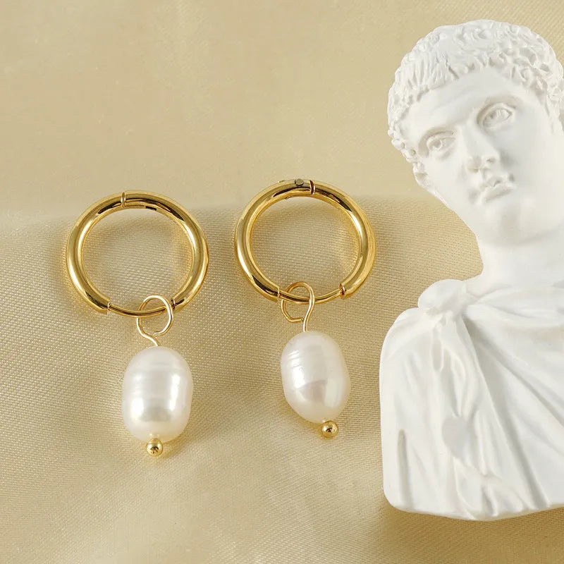 Geometric gold pearl earrings with stainless steel and titanium steel construction for women