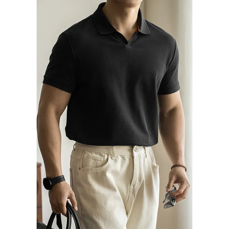 American-style men's short-sleeve polo shirt in blue cotton-polyester fabric