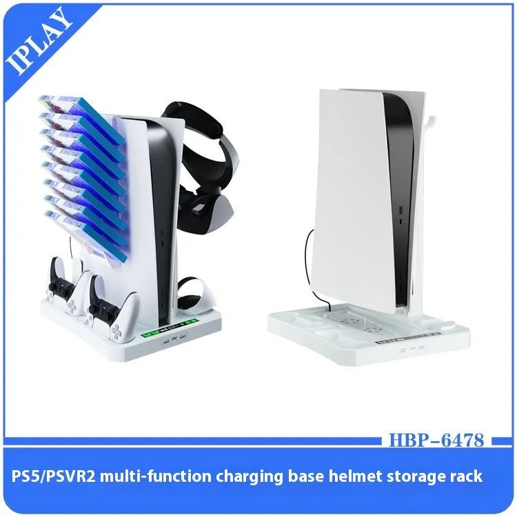 PS5 PSVR2 multifunctional cooling pad base with game disc and helmet storage rack in ABS material