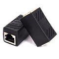 Black RJ45 network cable butt joint extender adapter for Ethernet cable connections.
