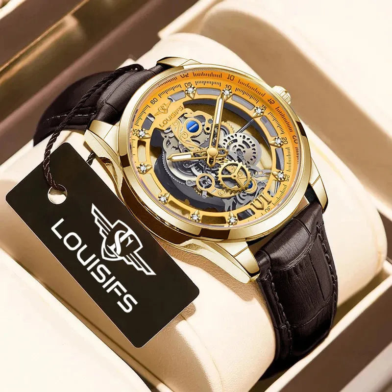 Swiss men's quartz watch with hollow design, gold shell and brown leather strap, 12mm thickness
